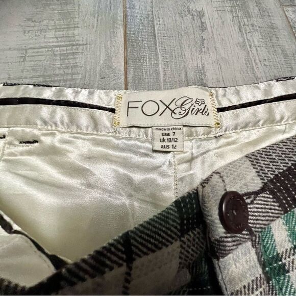 FOX VTG Y2K Academia Plaid Wool Brown Green Ivory Low Rise Mini Dress Shorts 7 S - Picture 12 of 16